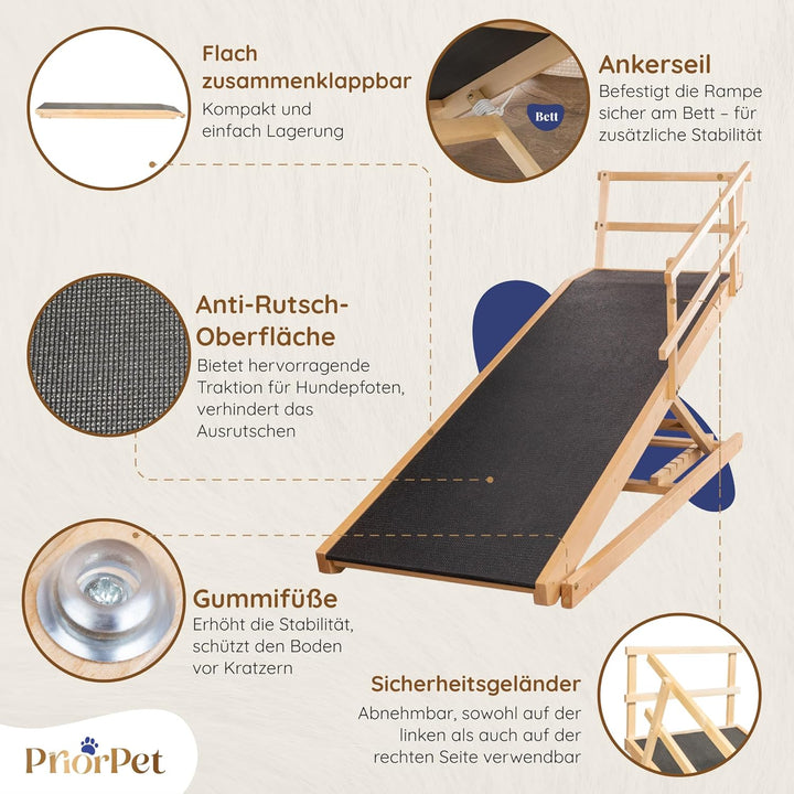 Hunderampe Bett mit Sicherheitsgeländer - Für Grosse Hunde bis zu 90 kg - Höhenverstellbare hundetre
