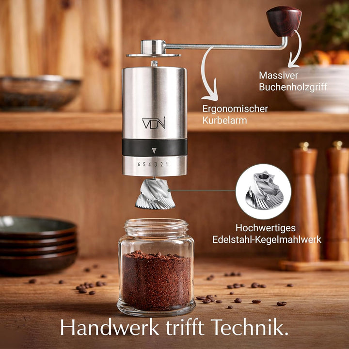 VDN Kaffeemühle manuell - Kaffeemühle Kegelmahlwerk [aus Edelstahl] - Kaffeebohnen Mahlgerät [6 Mahl