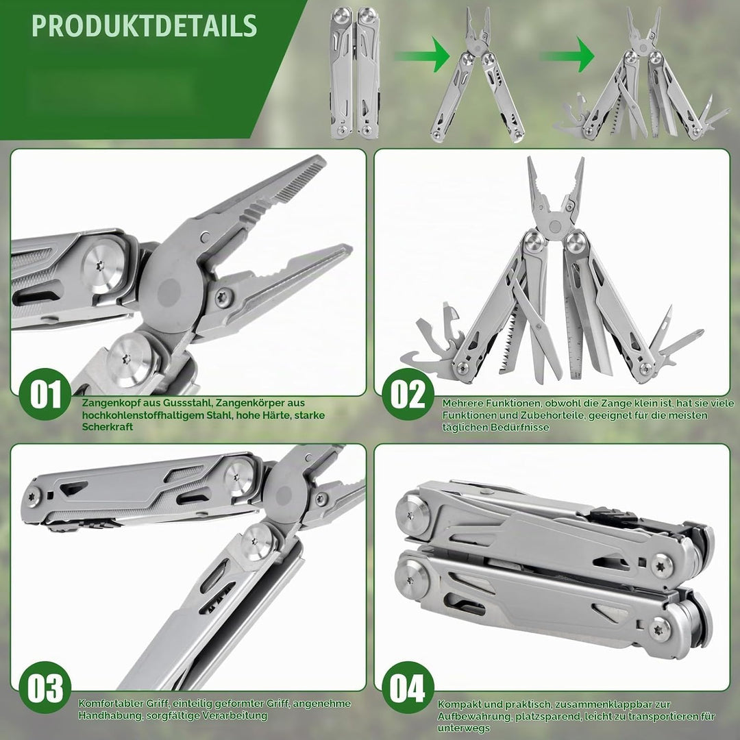 17-in-1 Multi Tool, Faltbares Multifunktion Zange Werkzeug Edelstahl, mit Zange Schraubendreher Mess