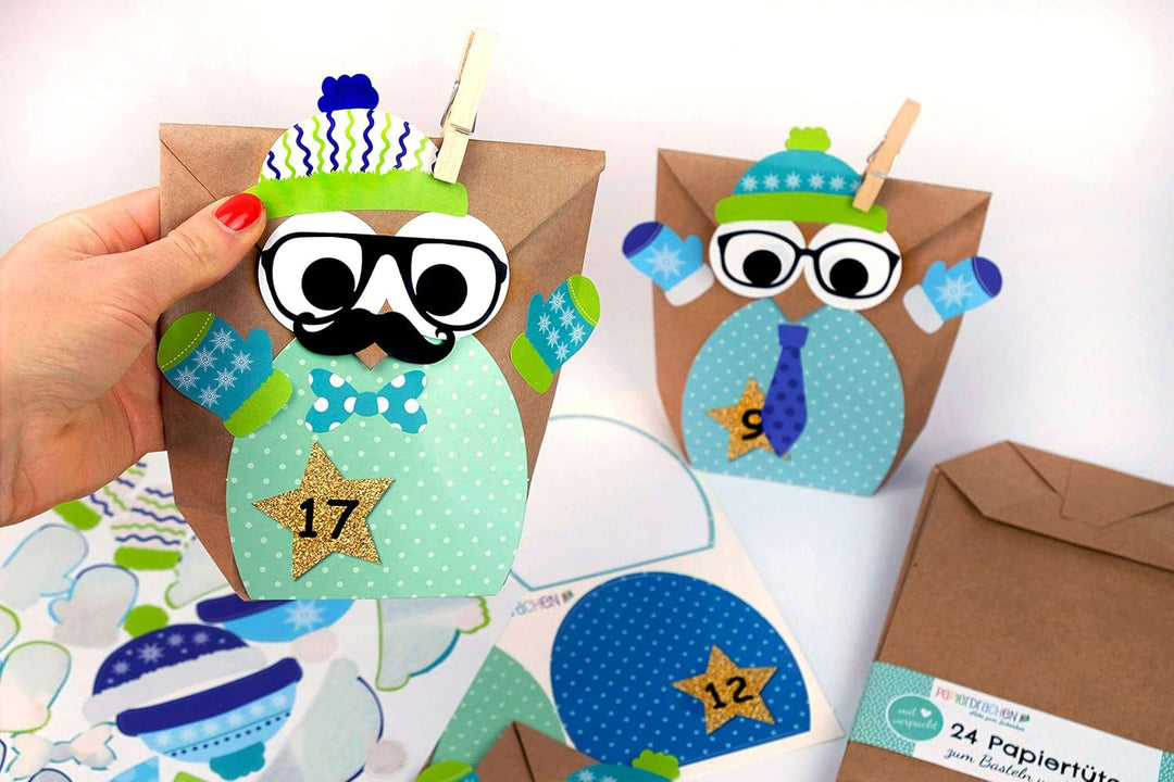 Papierdrachen Adventskalender 2025 zum Befüllen - 24 blaue Eulen-Tüten im Winterdesign - DIY Set mit