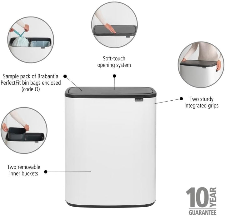 Brabantia Bo Touch Bin mit 2 Innen eimern, 2 x 30 Liter, Weiss 2 Inneneimer (2 x 30L) weiss, 2 Innen