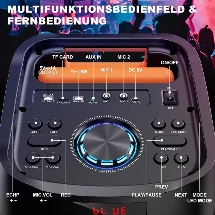 Karaoke Maschine mit 2 Mikrofones, grosser Tragbaren Bluetooth Lautsprecher mit RGB-Licht, Karaoke A