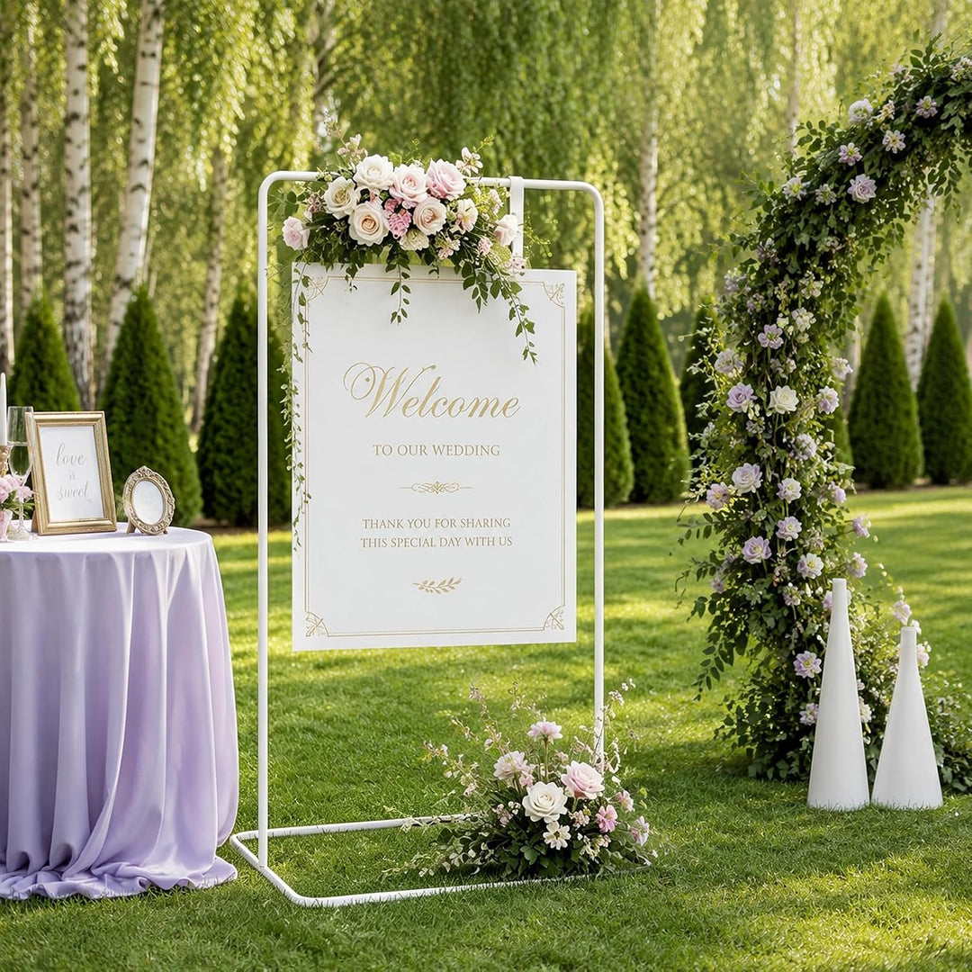 Hochzeitsschild Halter Metall 80 * 50 * 173cm, Verstellbare Staffelei für Willkommensschild, Sitzpla