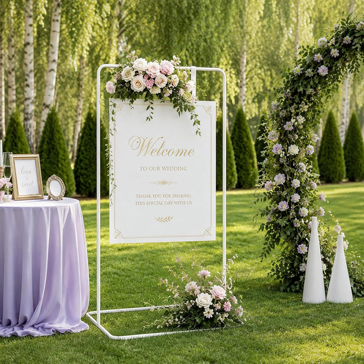 Hochzeitsschild Halter Metall 80 * 50 * 173cm, Verstellbare Staffelei für Willkommensschild, Sitzpla