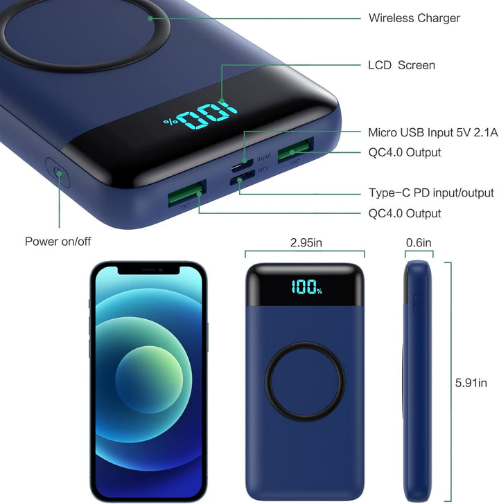 Wireless Powerbank Schnellladen 26800mAh, Power Bank 25W PD3.0+QC4.0, 15W Wireless Charger Powerbank