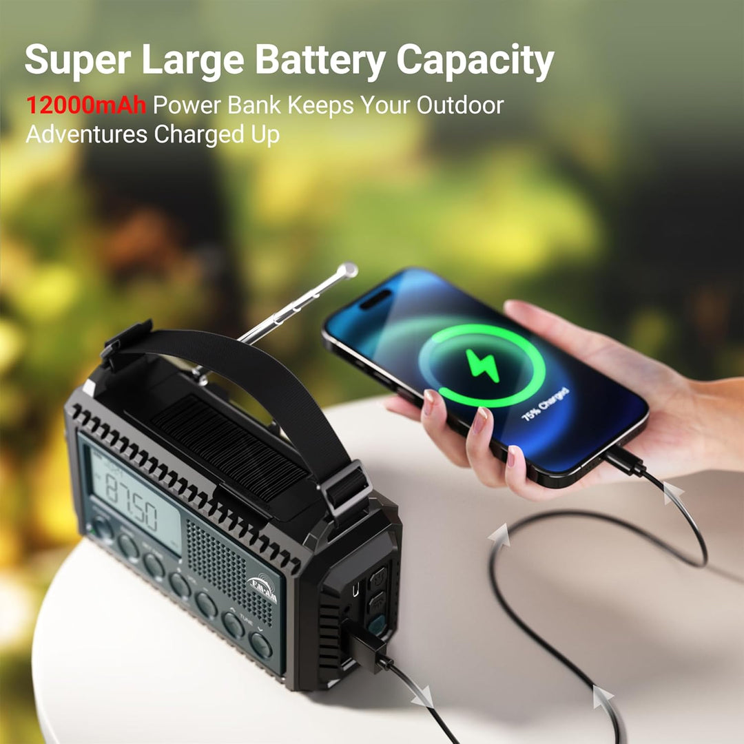 AM/FM/SW Kurbelradio mit 12000mAh Akku Wiederaufladbare, Tragbare Radio mit Taschenlampe &amp; Leselicht