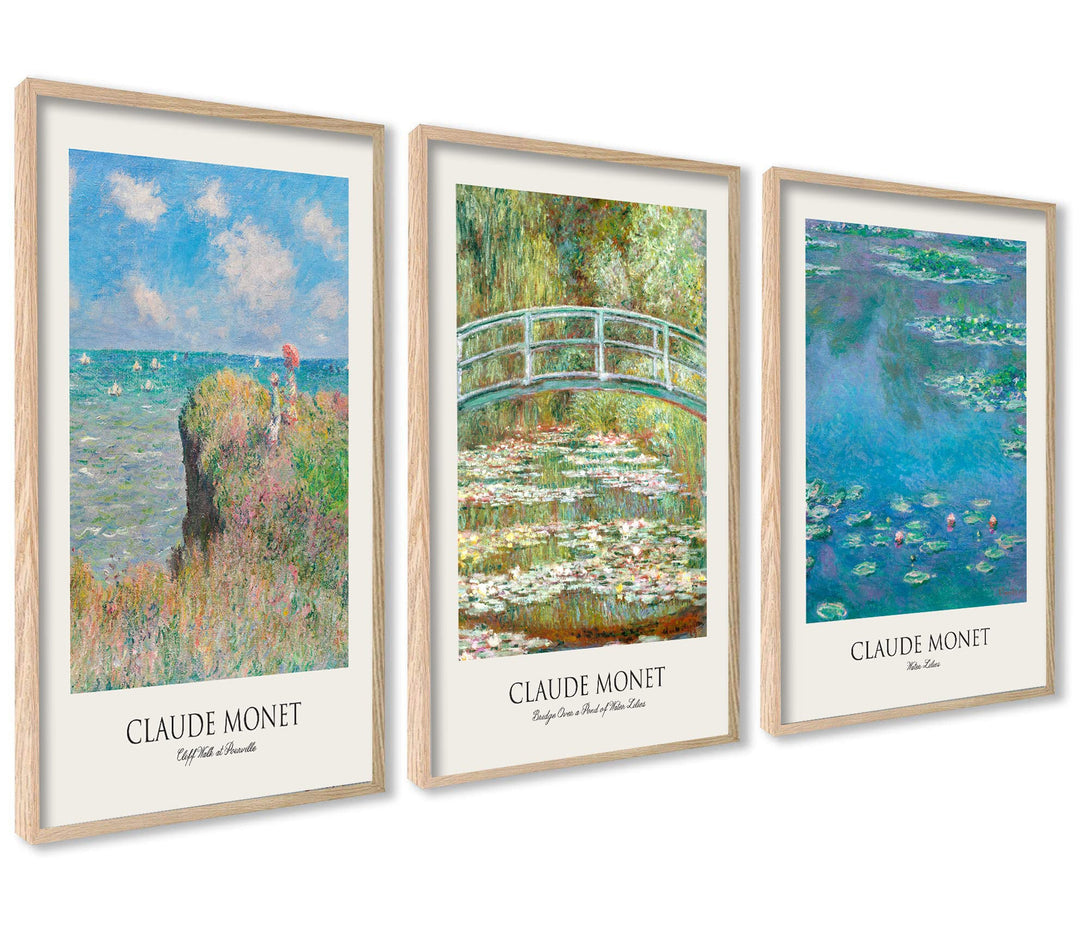 Claude Monet Poster Set | 3 Stück DIN A3 30x40cm mit Rahmen Holz | Botanische Wasserlilien Paintings