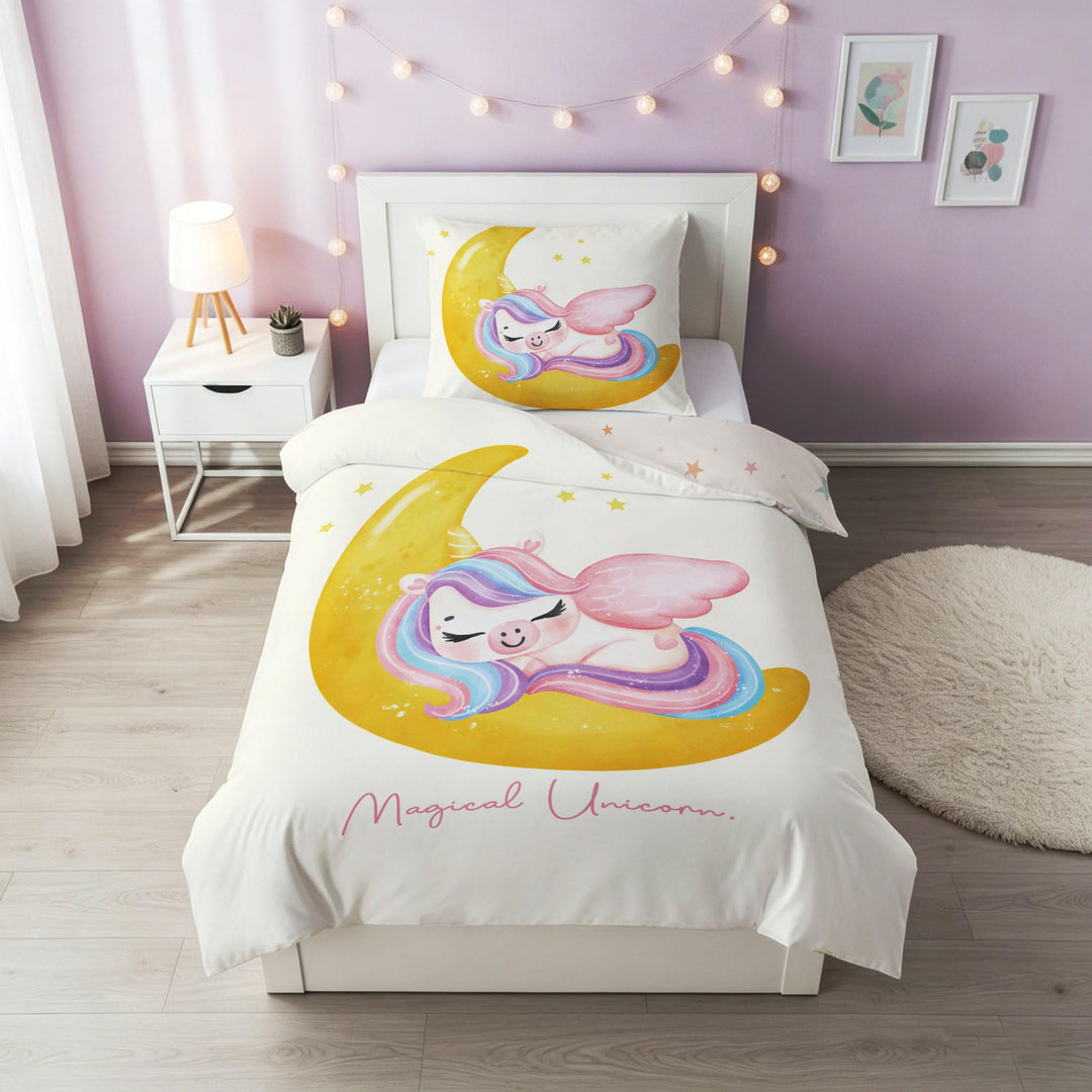 DJDEA Mond-Einhorn Bettwäsche Kinder 135x200 Mädchen Weich Mikrofaser,Einhorn Motiv Kinderbettwäsche