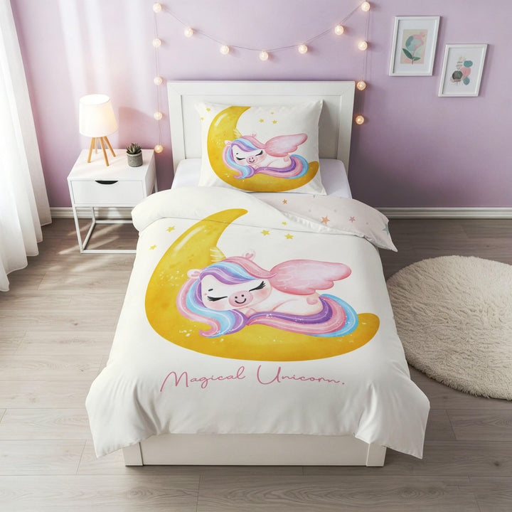 DJDEA Mond-Einhorn Bettwäsche Kinder 135x200 Mädchen Weich Mikrofaser,Einhorn Motiv Kinderbettwäsche