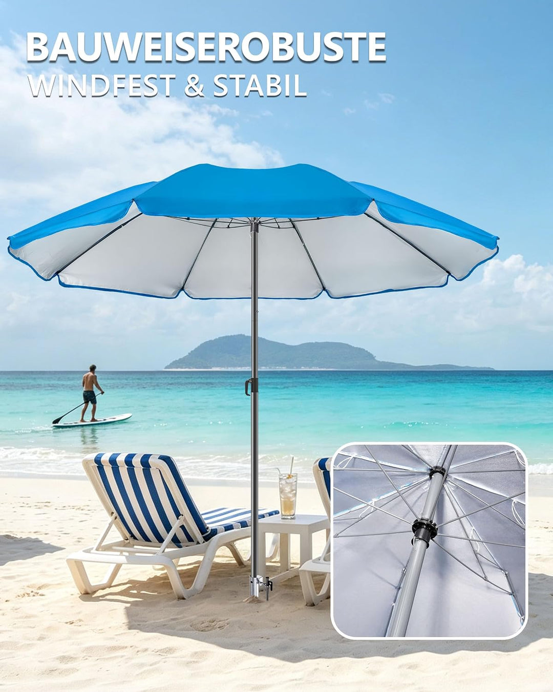 4smile Sonnenschirm Strand Ø 180 cm mit Eindrehbodenhülse, Blau | Strandschirm windfest stabil mit E
