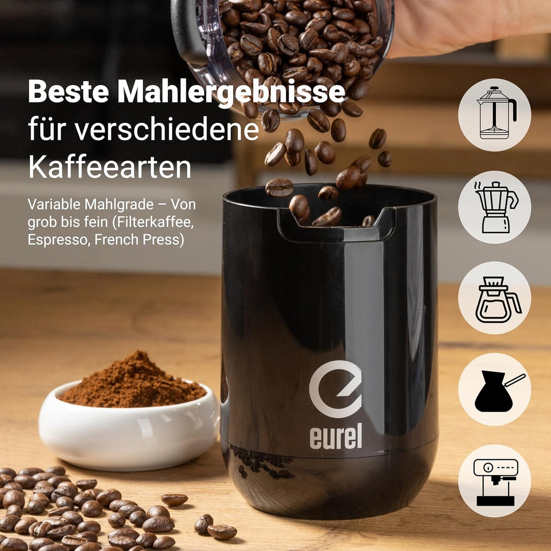 EUREL KMA Schwarz Kaffeemühle | Beste Mahlergebnisse I Mahlgrad variabel I Edelstahl Mahlbehälter un