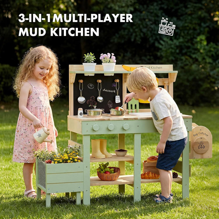 Labebe Matschküche Kinder Outdoor, 3-in-1 Matschküche mit Pflanzkasten und Insekten-Beobachtungsbox,