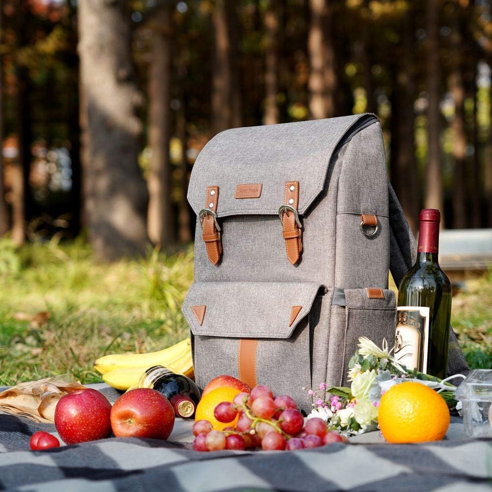 HappyPicnic Isolierter Picknickrucksack mit geräumigem Kühlfach, Flaschenhaltern und grossem wasserd