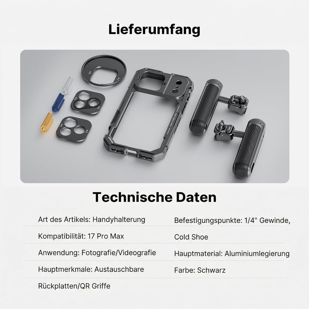 NEEWER 17 Pro Max Käfig Cage Video Rig Handy Stabilisator Set kompatibel mit iPhone 17 Pro Max mit 6