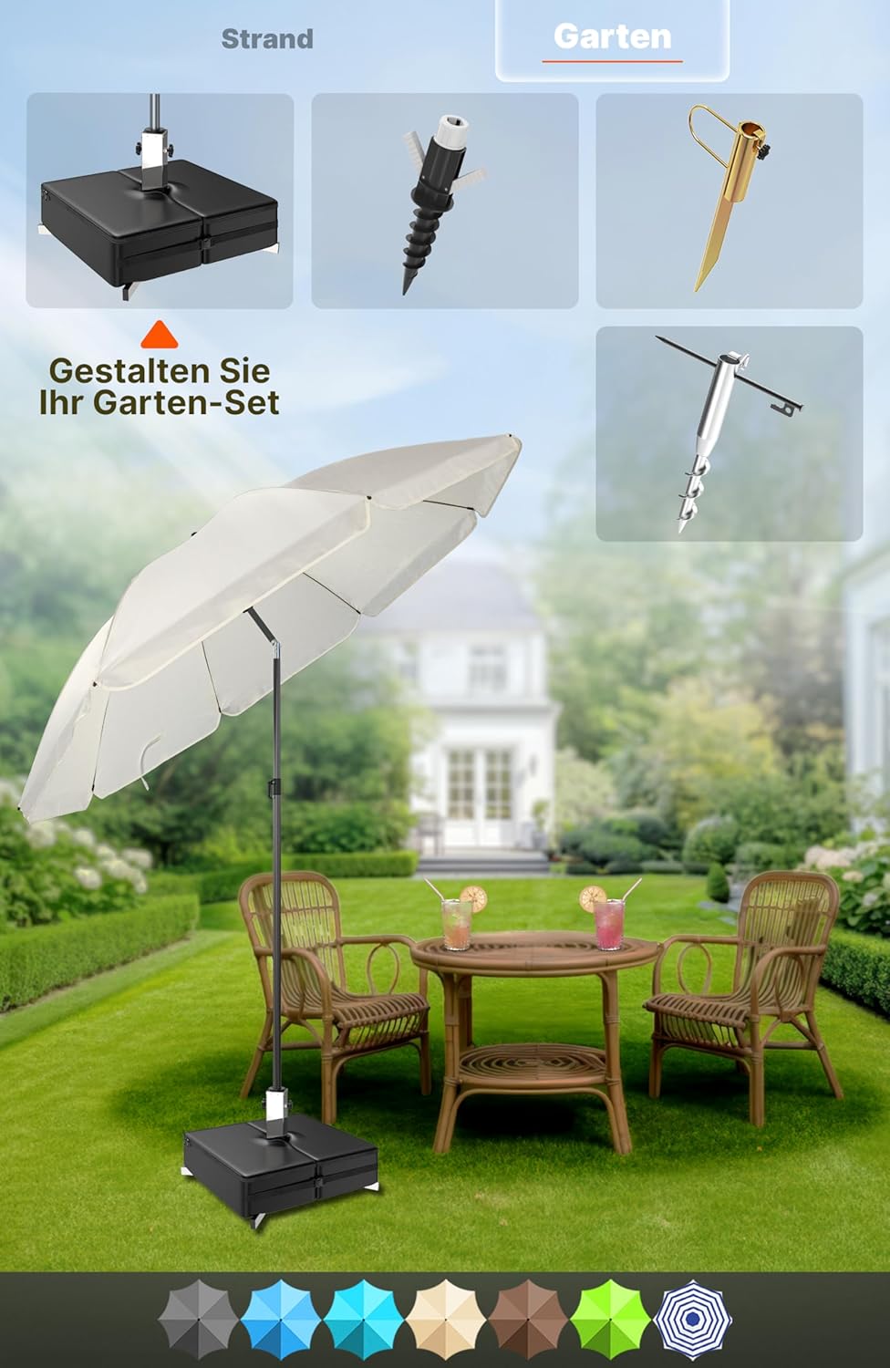 4smile Sonnenschirm-Set für Strand, Balkon und Garten, Anthrazit - UPF 50+ Balkonschirm SunnyJoy, Ø