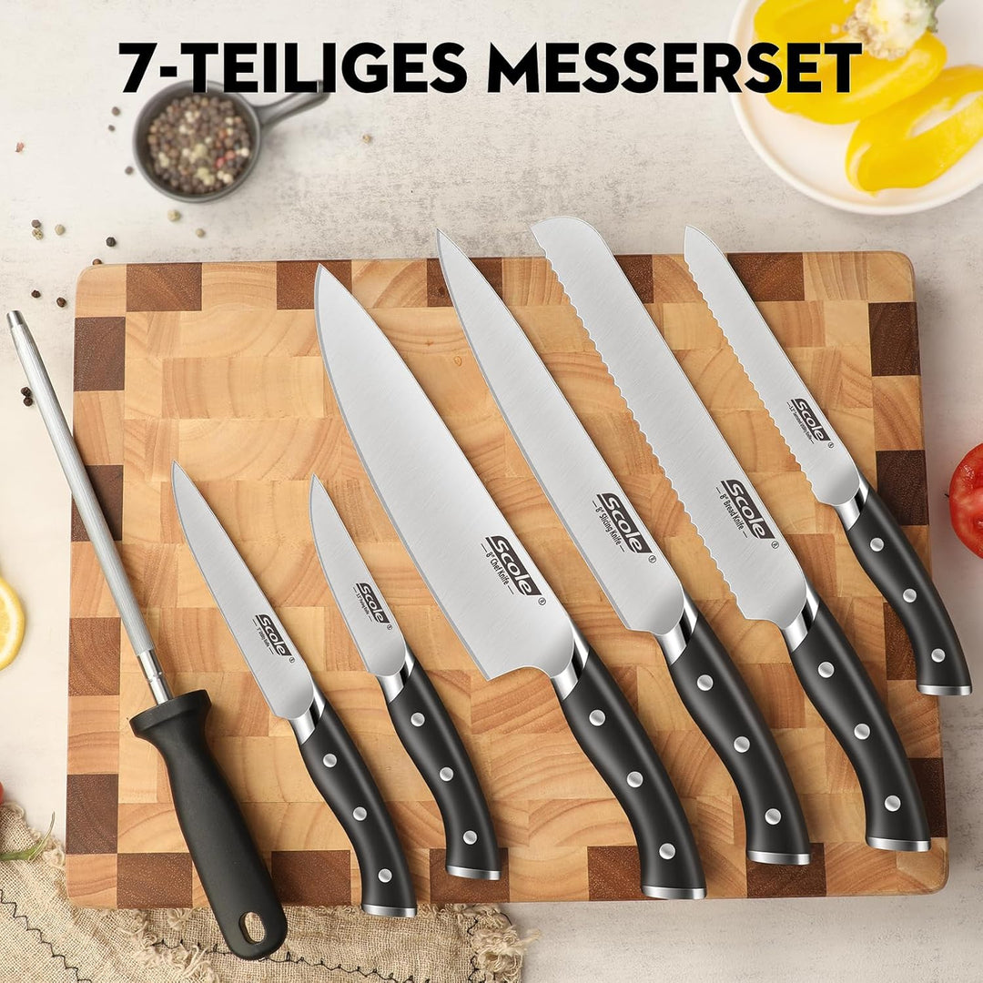 SCOLE® Messerset, Rasierscharf Küchenmesser Set 7-teilig mit Wetzstab, Messer Set, Profi Kochmesser