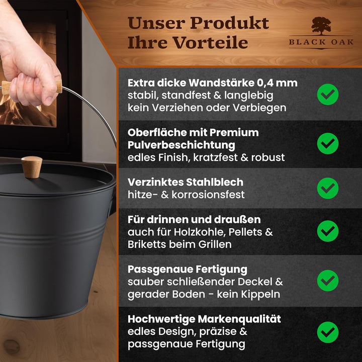 BLACK OAK Ascheeimer PAGO 5L - schwarz mit Deckel mit Holz-Griff + Feger + Schaufel & Handschuhen -