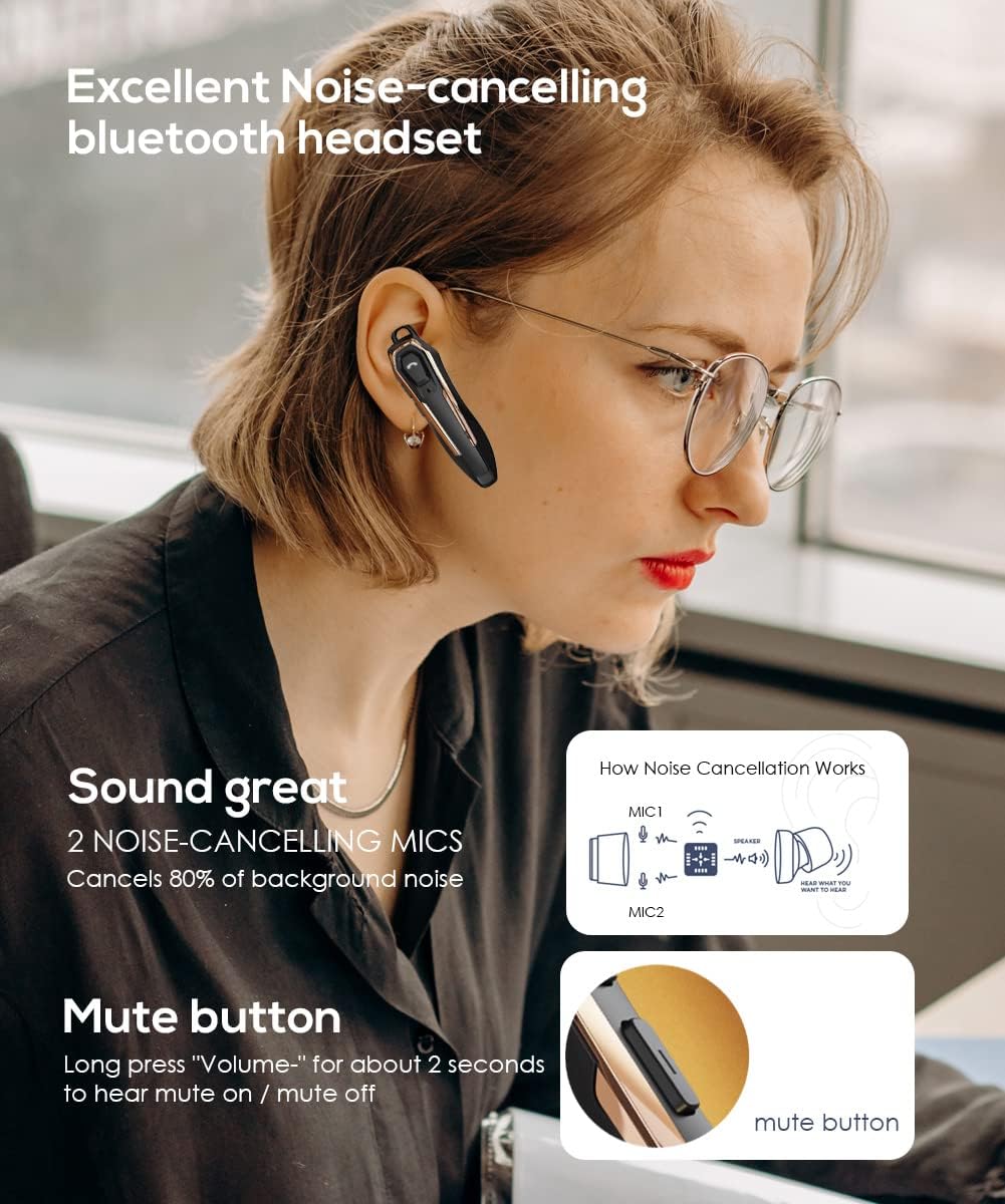 Micool Headset Bluetooth V5.0, Geräuschunterdrückung Freisprech Bluetooth Headset Handy 30 Stunden G