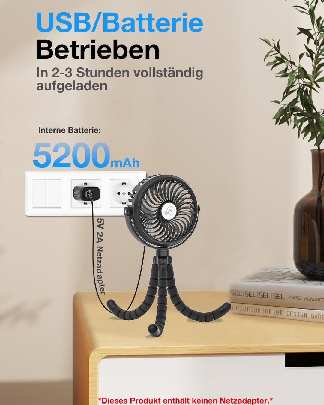 Verbesserte Kinderwagen-Ventilatoren 5200mAh Akku, Leise USB Ventilator mit 3 Stufen & 360° Verstell