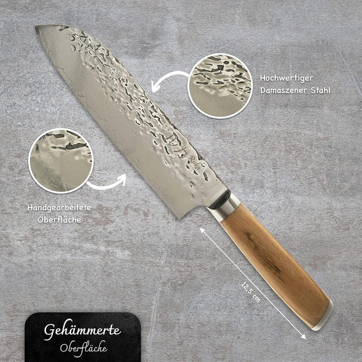 Ruka Santokumesser - Damaststahl Küchenmesser 19 cm - rostfrei - sehr scharfe Klinge - Extreme Härte