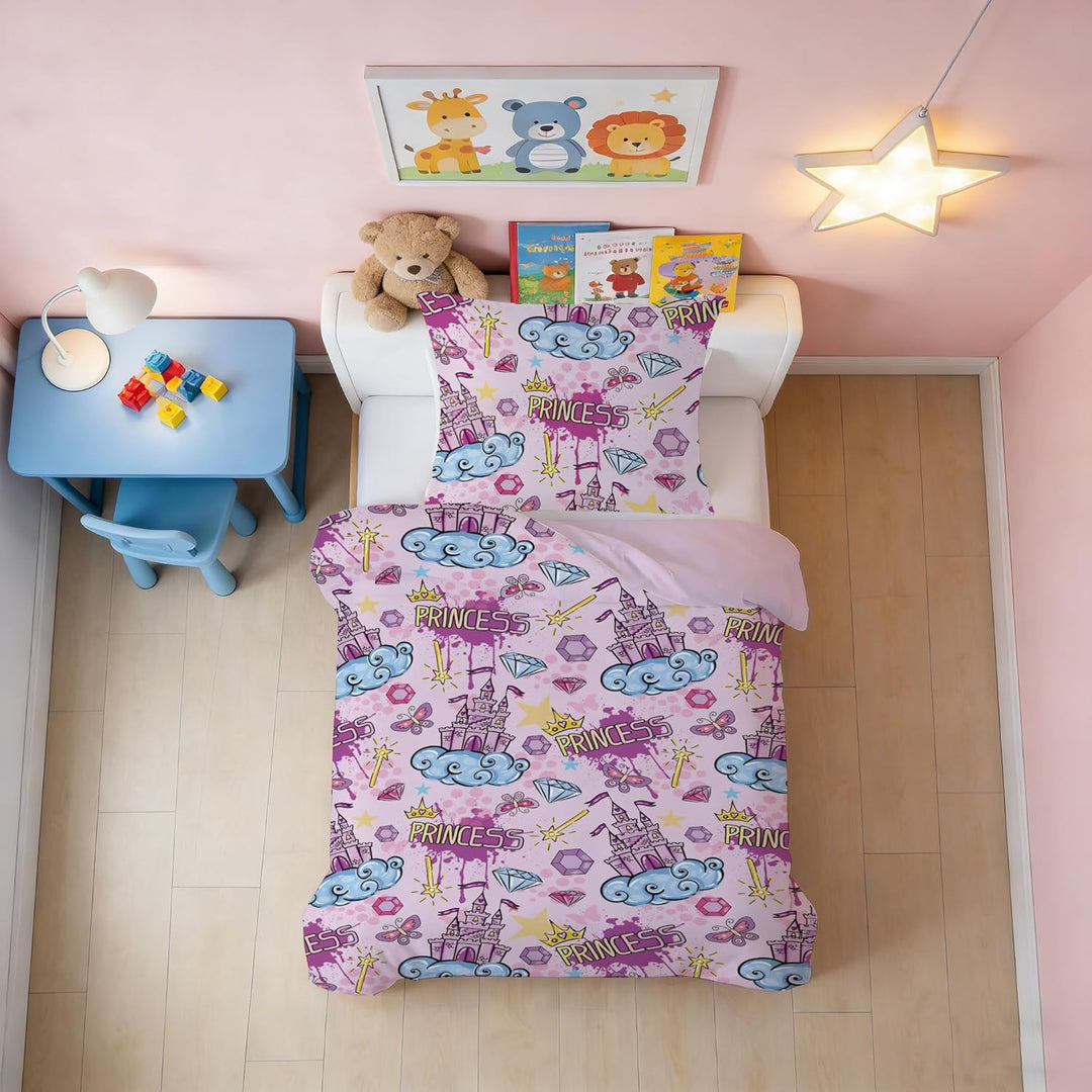 DJDEA Rosa Burg Bettwäsche 135 x 200 cm Kinder Weich Mikrofaser, Burg Motiv Bettwäsche-Sets mit Reis