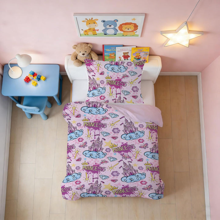 DJDEA Rosa Burg Bettwäsche 135 x 200 cm Kinder Weich Mikrofaser, Burg Motiv Bettwäsche-Sets mit Reis