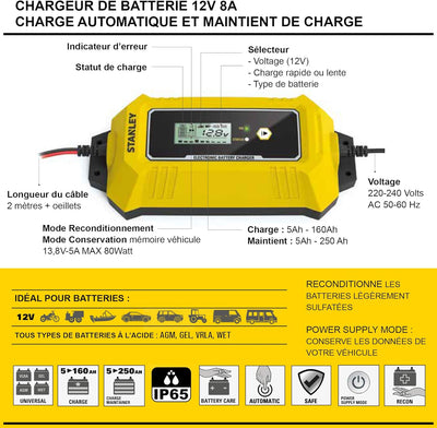 STANLEY 201871 Akkuladegerät Batterieladegerät Auto 12V – 8A Automatisch Laden & Wartung 8A - 12V, 8