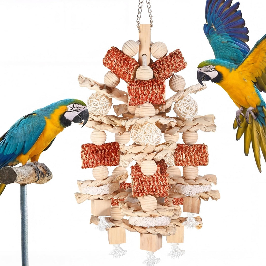 16,5 Zoll Papageienspielzeug Kauen Spielzeug, Vogelspielzeug mit Maiskolben und Karambole Holz Hänge