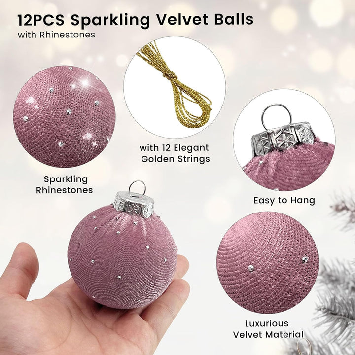 SNAIL GARDEN 12 Stück Glitzer-Samt-Weihnachtskugeln mit Goldenen Schnüren, 6cm Weihnachtsbaum-Dekora