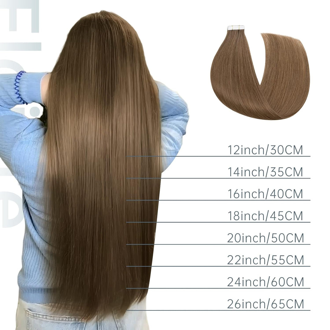 Elailite Echthaar Extensions Tape Braun, 20 stück Mini Tape Invisible Kleber, 35cm Haarverlängerung