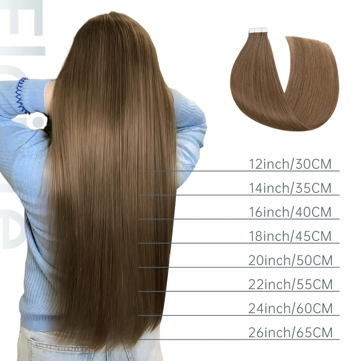 Elailite Echthaar Extensions Tape Braun, 20 stück Mini Tape Invisible Kleber, 35cm Haarverlängerung
