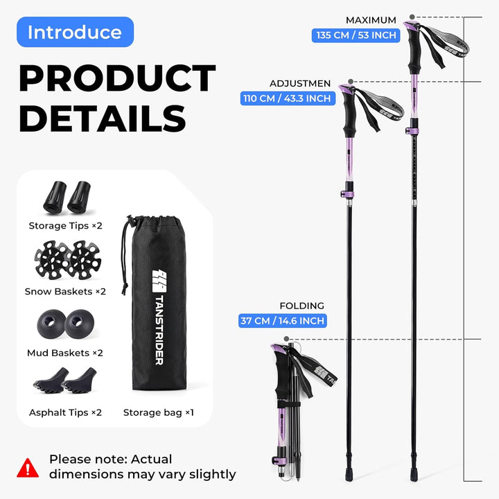 Wanderstöcke für Wandern - Klappbare leichte 7075 Aluminium, 110-135 cm verstellbare dreifache mit r