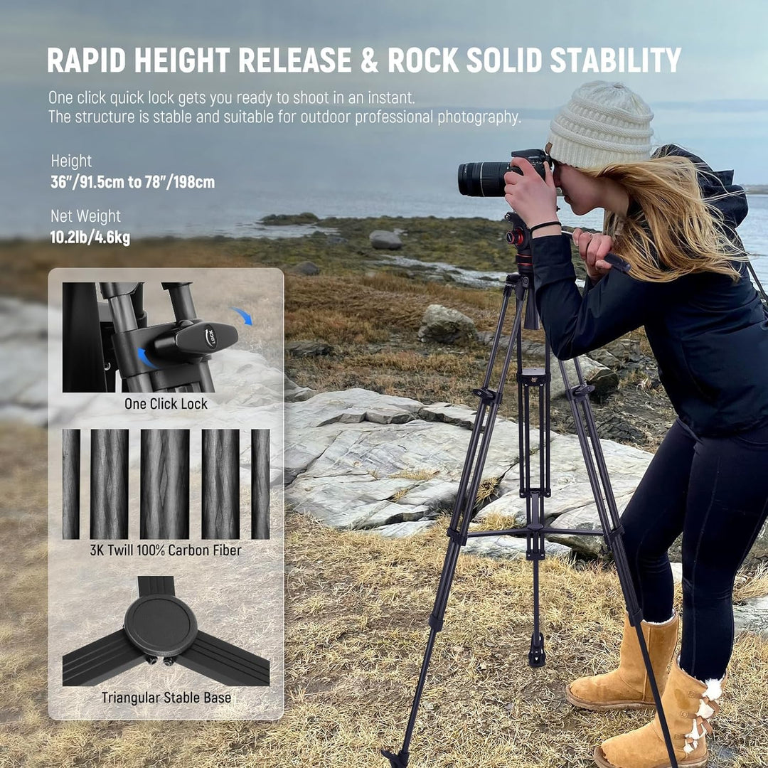 NEEWER 78" Video Tripod Kohlefaser, EIN Schritt Schnellspanner Kamera Stativ mit Einstellbarer Dämpf