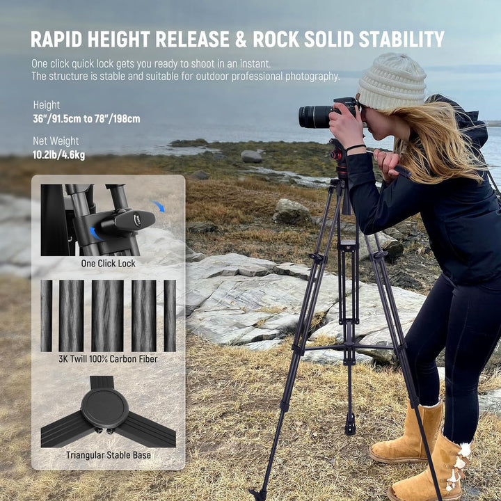 NEEWER 78" Video Tripod Kohlefaser, EIN Schritt Schnellspanner Kamera Stativ mit Einstellbarer Dämpf