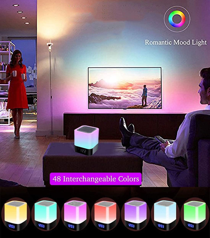 Bluetooth-Lautsprecher Wecker für Schlafzimmer, 5-in-1 dimmbare Touch-Nachttischlampe mit 7 RGB Farb