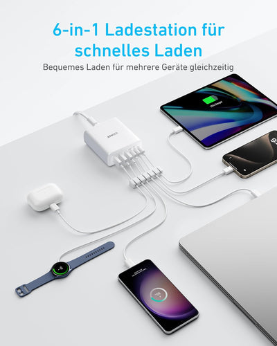 Anker USB-C Ladegerät, 6 Port Ladestation mit 112W Ausgang Leistung, Für iPhone 16/16 Plus/16 Pro/16