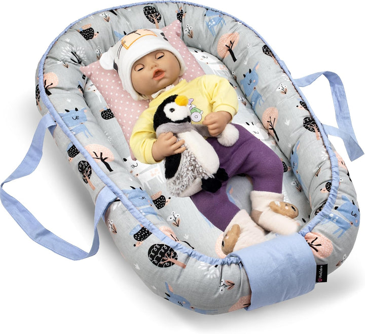 PinkZebra Tragetasche,2 in 1 Tragetasche, Tragenest Kokon aus Baumwolle, Bambi Blau, Bambi Blau