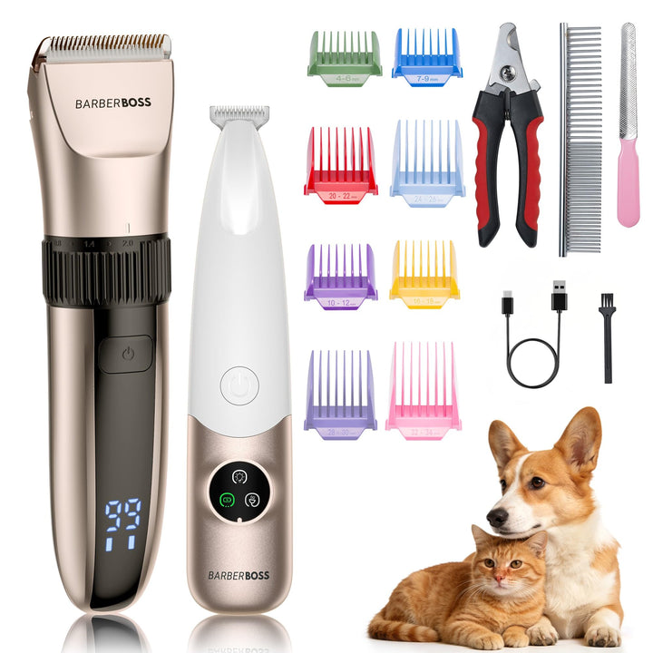 BarberBoss Kabelloser Haustier-Fellpflege-Clipper, Keramikklingen, LED-Display, schnelles Aufladen,