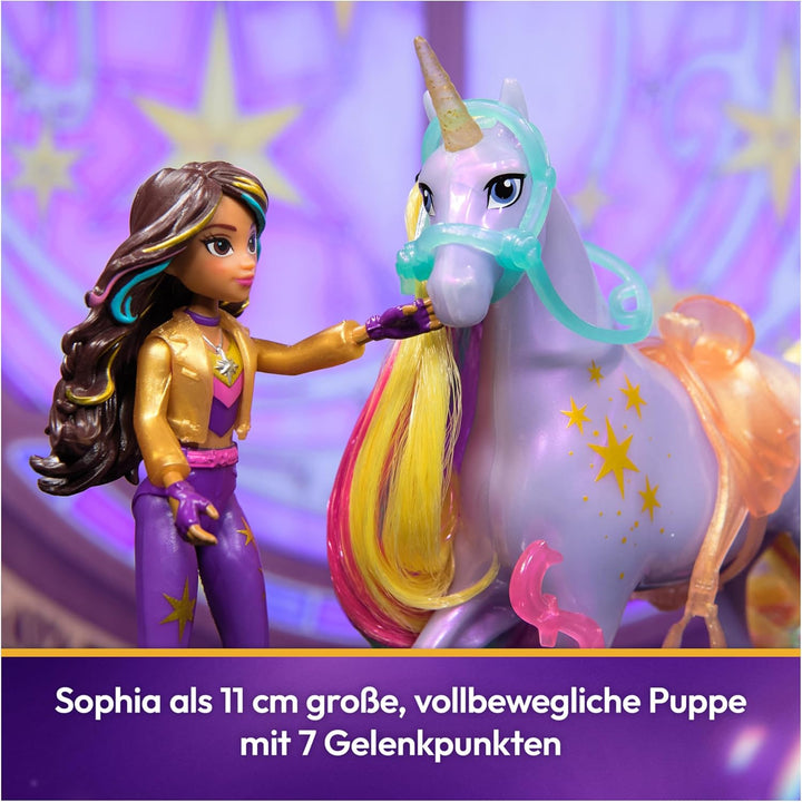 Unicorn Academy Set - Sophia und Einhorn Wildstar mit echter Mähne und Schweif sowie Bürste, ca. 12