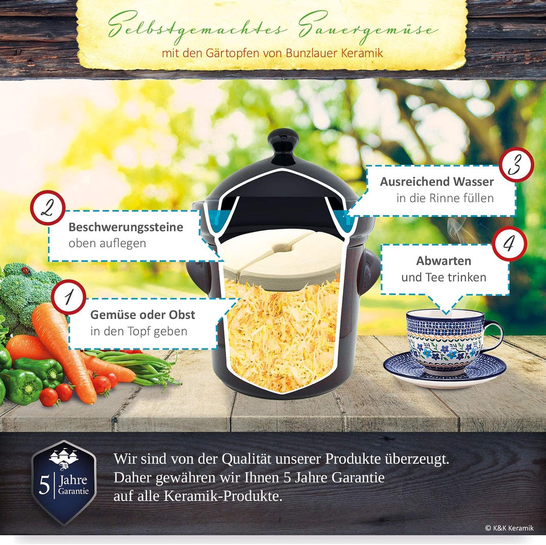 Bunzlauer keramik Original Premium Gärtopf/Einlegetopf/Sauerkrauttopf 15 Liter Olive-grün - inkl. Be