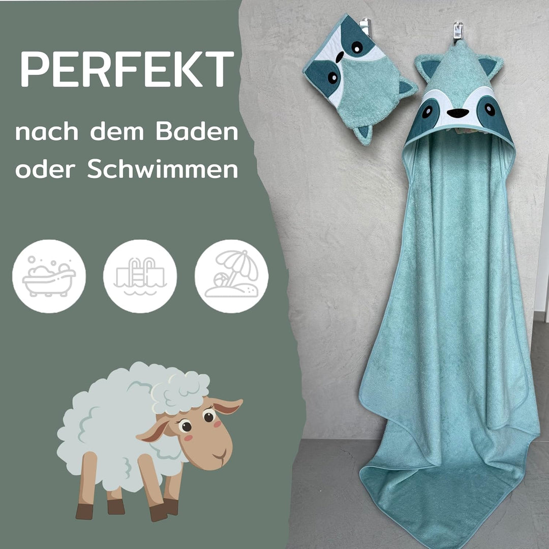Kapuzenhandtuch Baby 100x100 cm mit Waschlappen – Bio Baumwolle – Babyhandtuch für Neugeborene &amp; Kle
