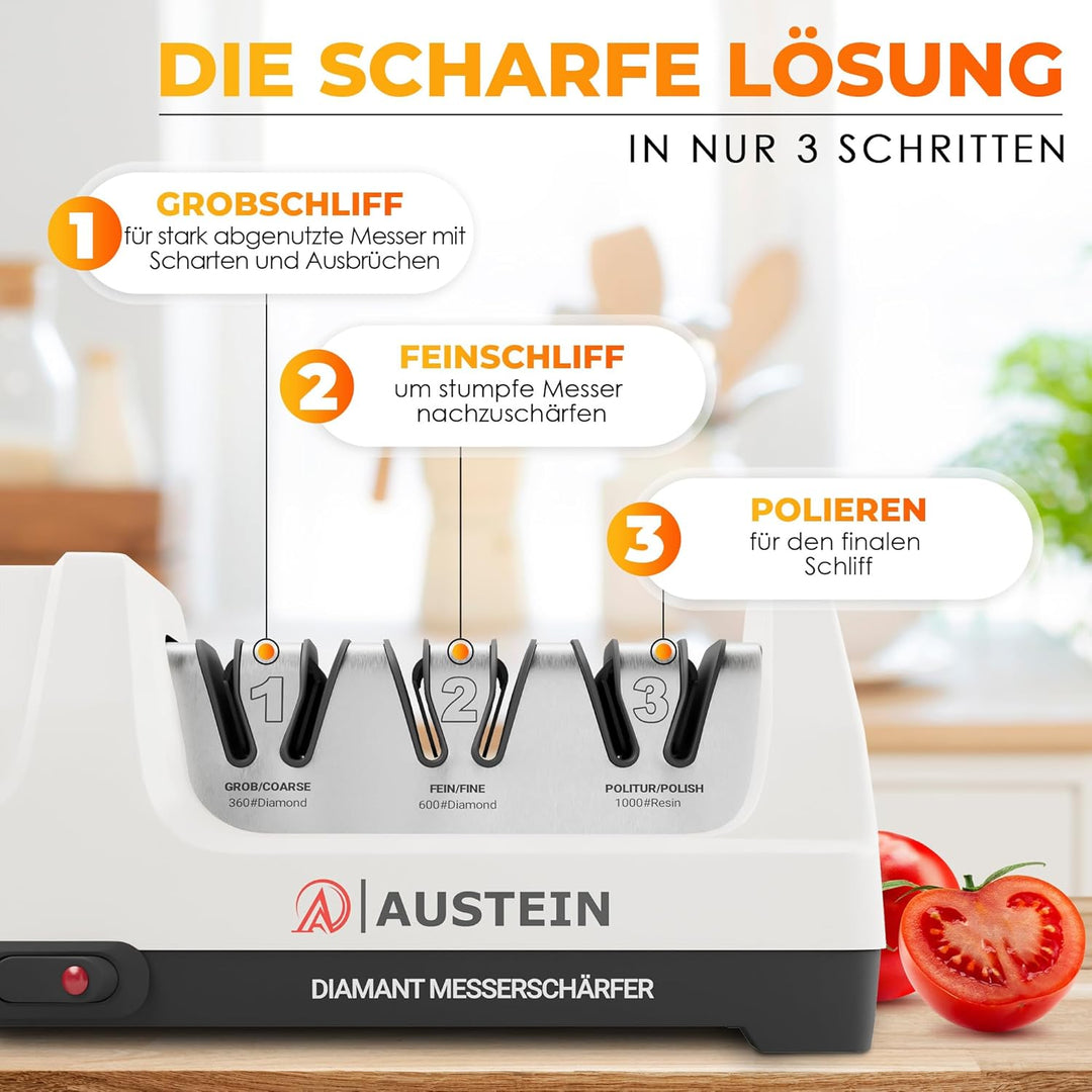 AUSTEIN® Diamant Messerschärfer elektrisch TG2202 - Der 3 Phasen Messerschleifer mit 20 Grad und mag