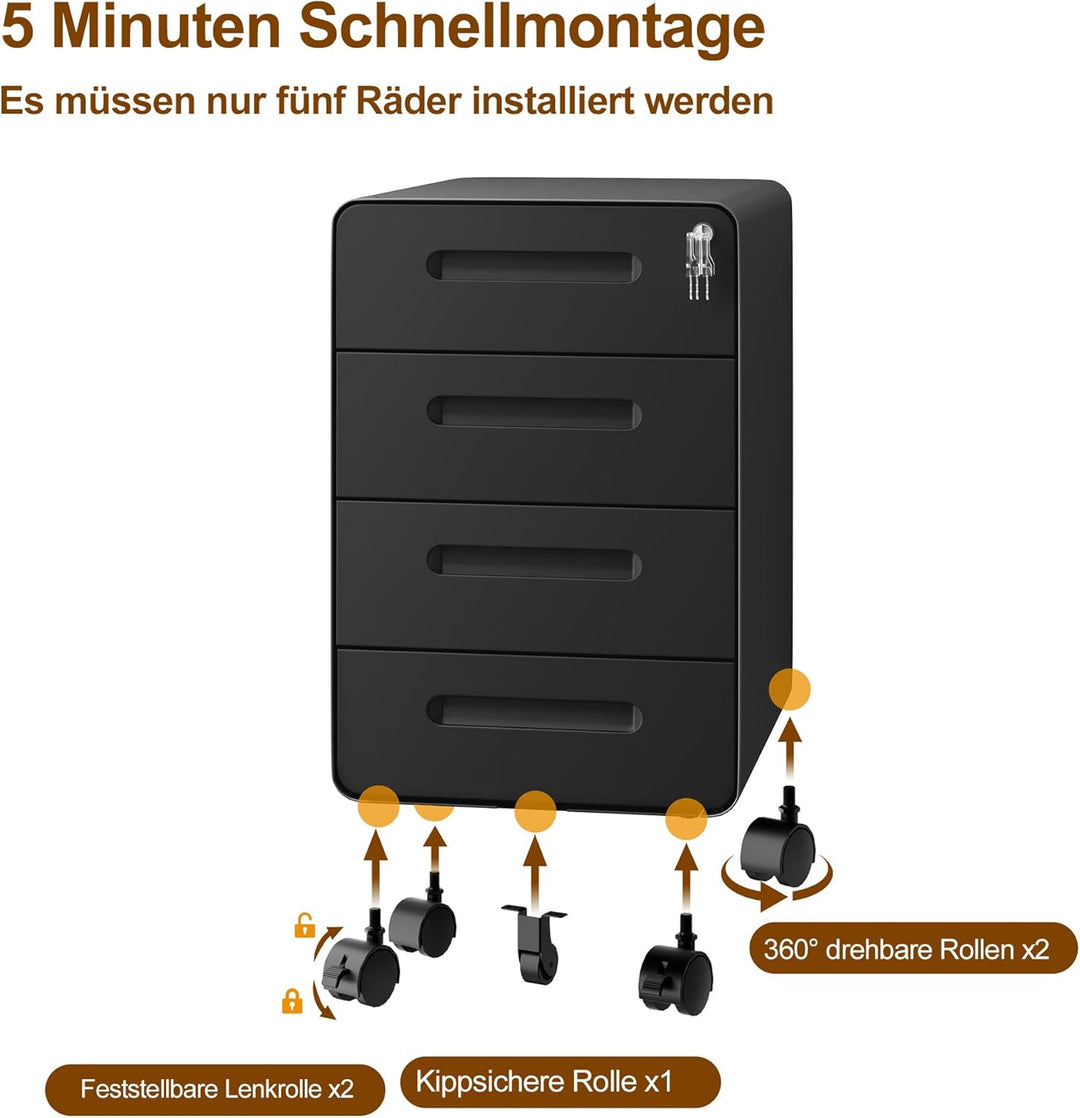 Rollcontainer, Mobiler Aktenschrank mit Schloss, Abgerundeten Ecken, 4 Schlüssel, 4 Schubladen, Büro