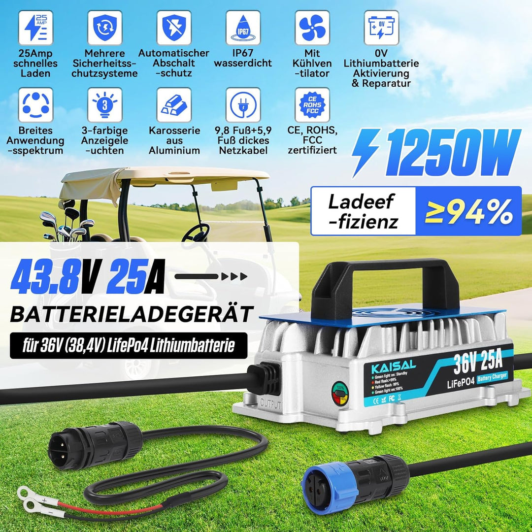 KAISAL 43.8V 25A LiFePO4 Ladegerät für 36V (38.4V) LiFePO4 Lithium-Eisenphosphat-Batterien, 36V Lith