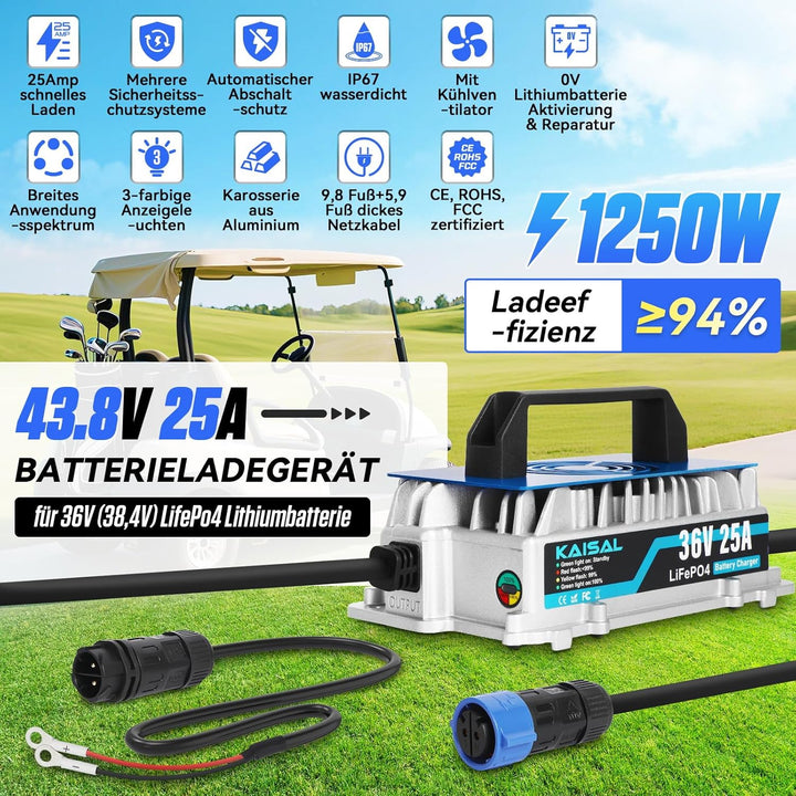 KAISAL 43.8V 25A LiFePO4 Ladegerät für 36V (38.4V) LiFePO4 Lithium-Eisenphosphat-Batterien, 36V Lith