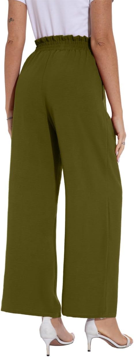 PrinStory Damen Hose Mit Weitem Bein Leichte Elastische Taille Sommer Hose Mit Taschen Kausale Arbei