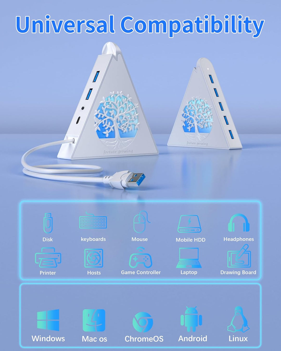 7-Port USB 3.0 Hub, Weiss Vertikaler USB Hub Splitter mit baumförmiger RGB-Beleuchtung, 5Gbps Hochge