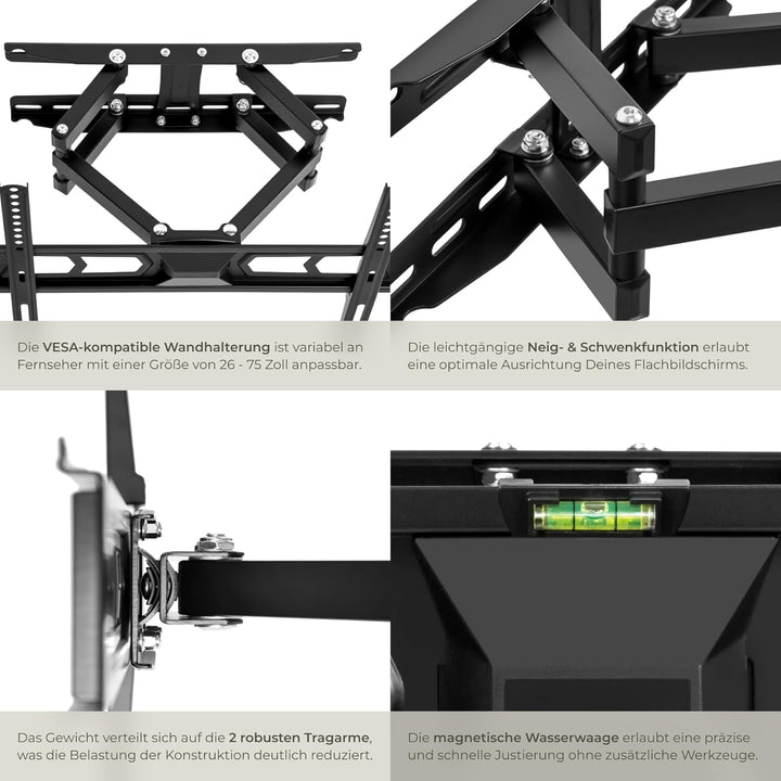 tectake® TV Wandhalterung schwenkbar, Fernseher Halterung neigbar, Monitor Halterung, Bildschirmhalt