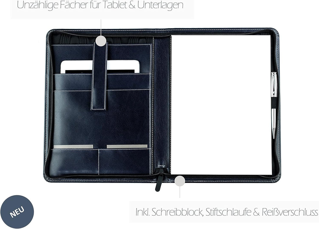 DELMON VARONE - Tablet Schreibmappe mit Reissverschluss inkl. Notizblock DIN A4 aus veganem Eco Kuns