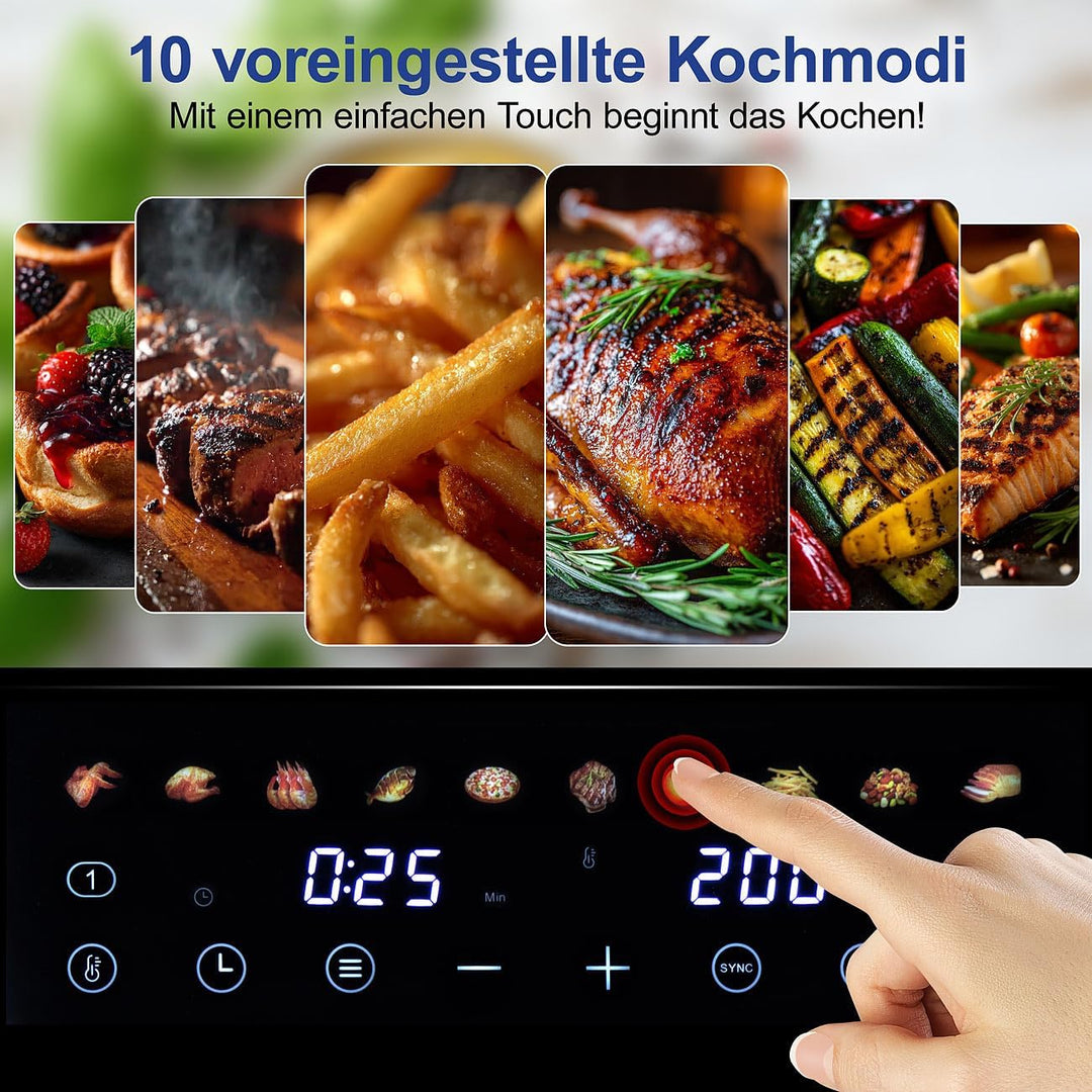 Rosenstein & Söhne Fritteuse: Dual-Heissluftfritteuse, 2 Schubladen mit Sichtfenster, 10 Programme (